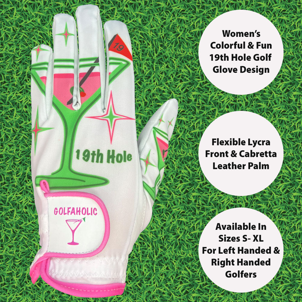 19th Hole women's golf glove with colorful design on a grass background