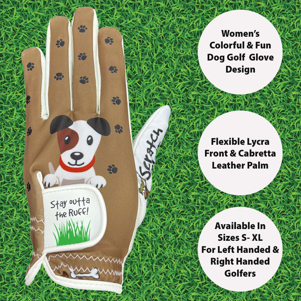 Dog-themed women's golf glove with cartoon dog design on a grass background.