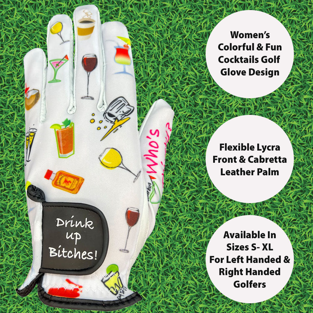 Women's golf glove with cocktail-themed design on grass background.