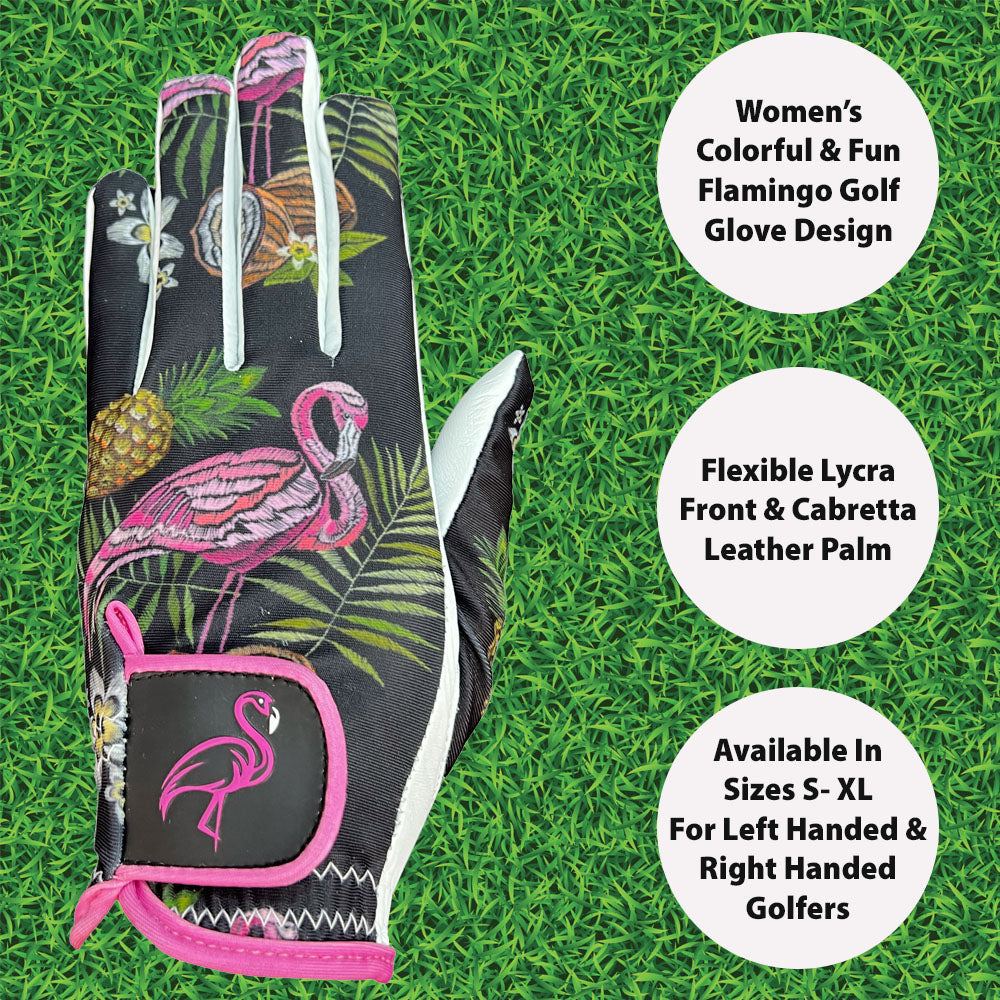 Colorful flamingo golf glove on a grass background with product details.