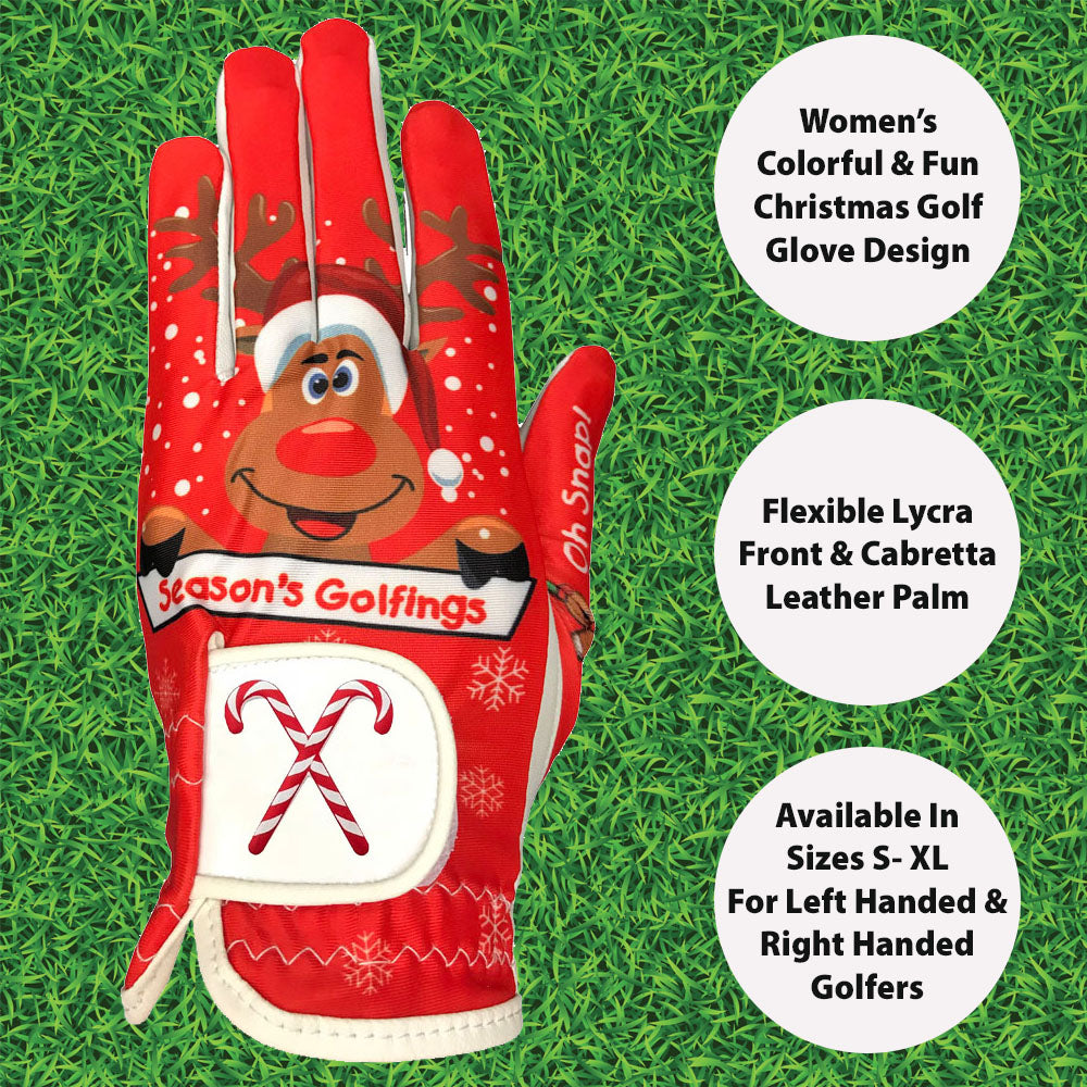 A red Holiday women's golf glove is made with high quality cabretta leather, in a variety of sizes.