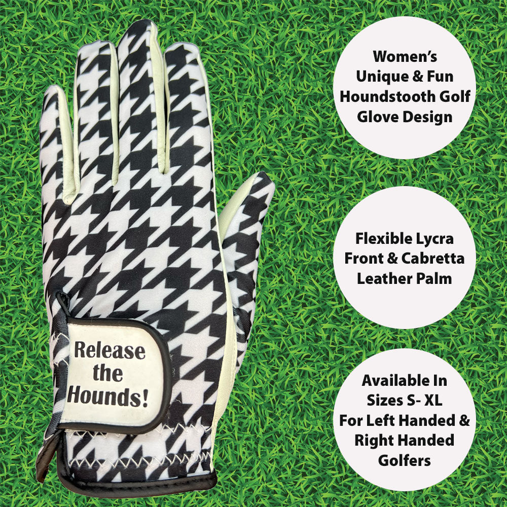 Houndstooth patterned golf glove on a grass background with product features highlighted.