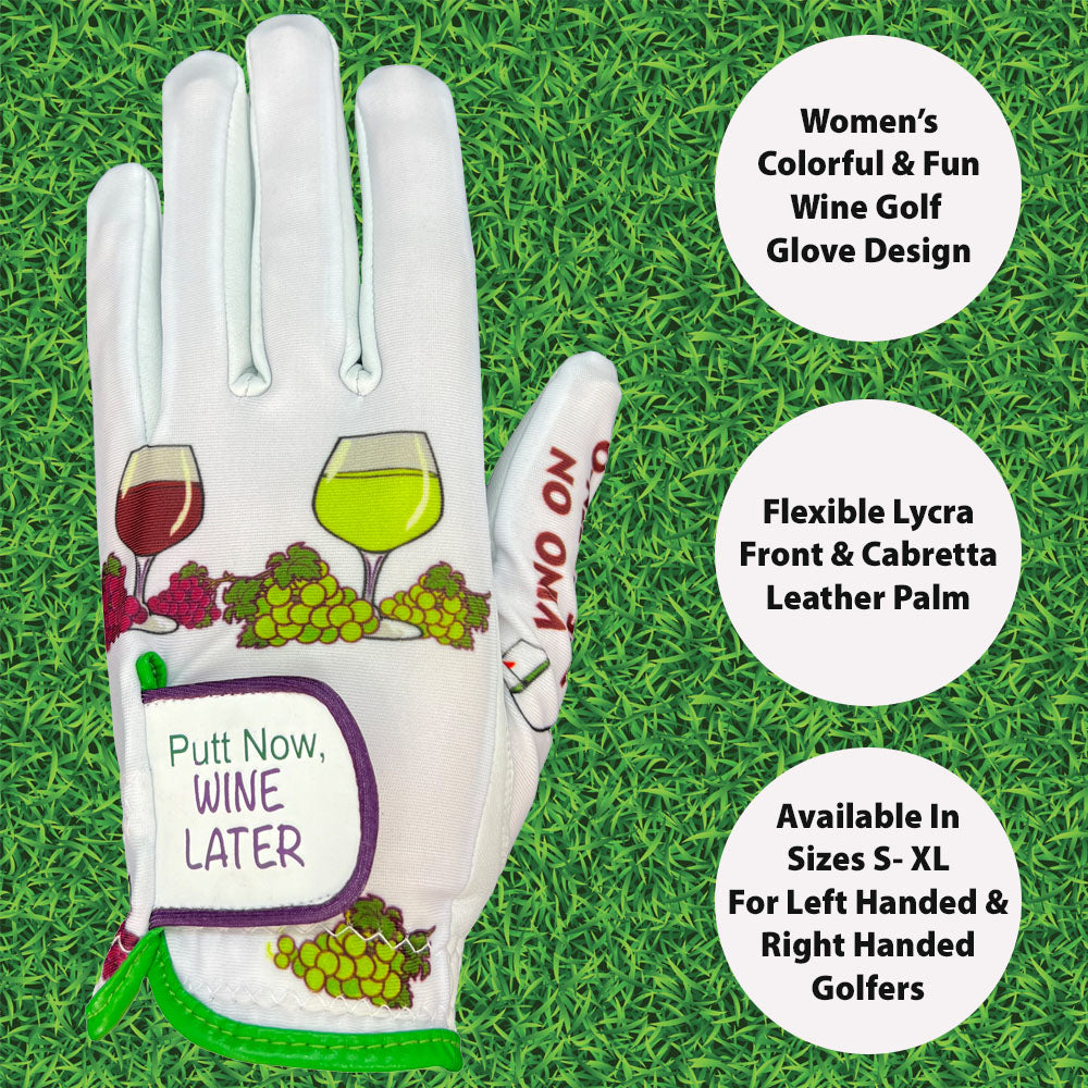 Golf glove with wine-themed design on a grass background. Putt Now Wine Later!