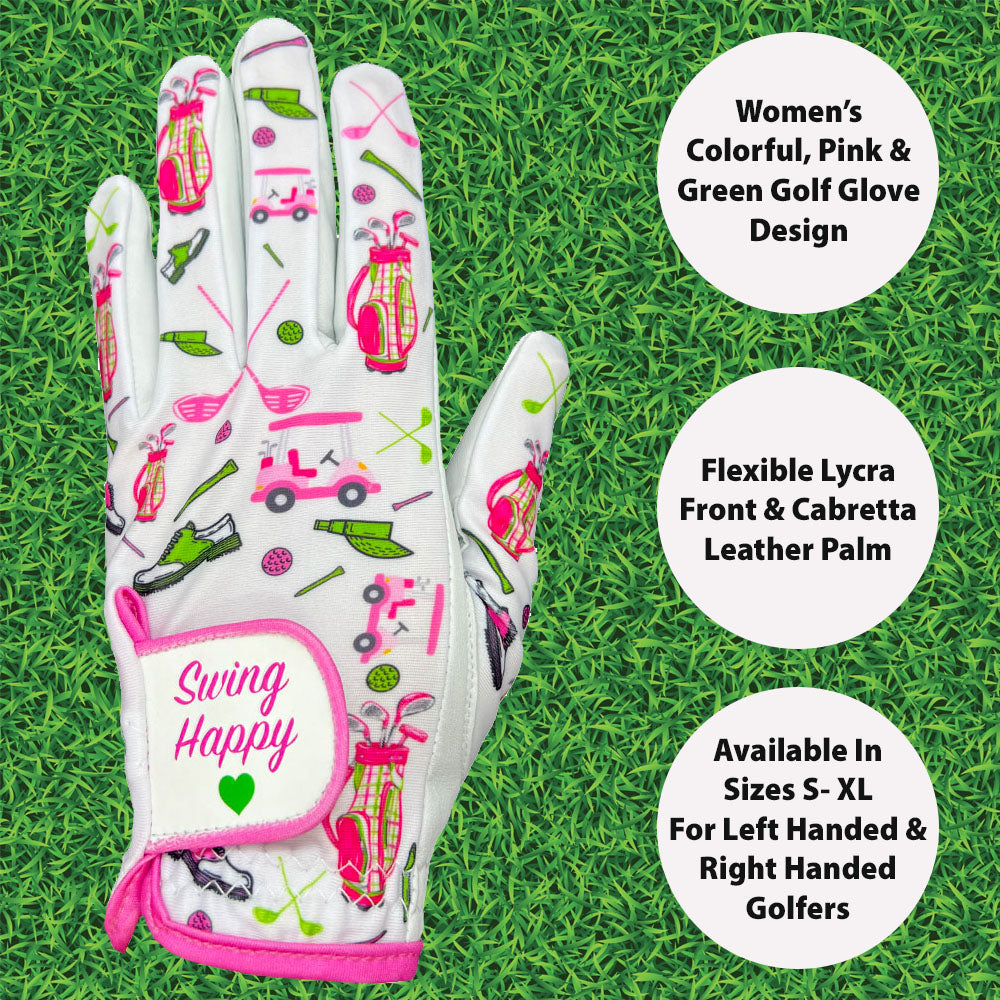 Infographic highlighting features of the Swing Happy women's golf glove including pink and green design, lycra front, Cabretta leather palm, and sizes S-XL for left and right-handed golfers.