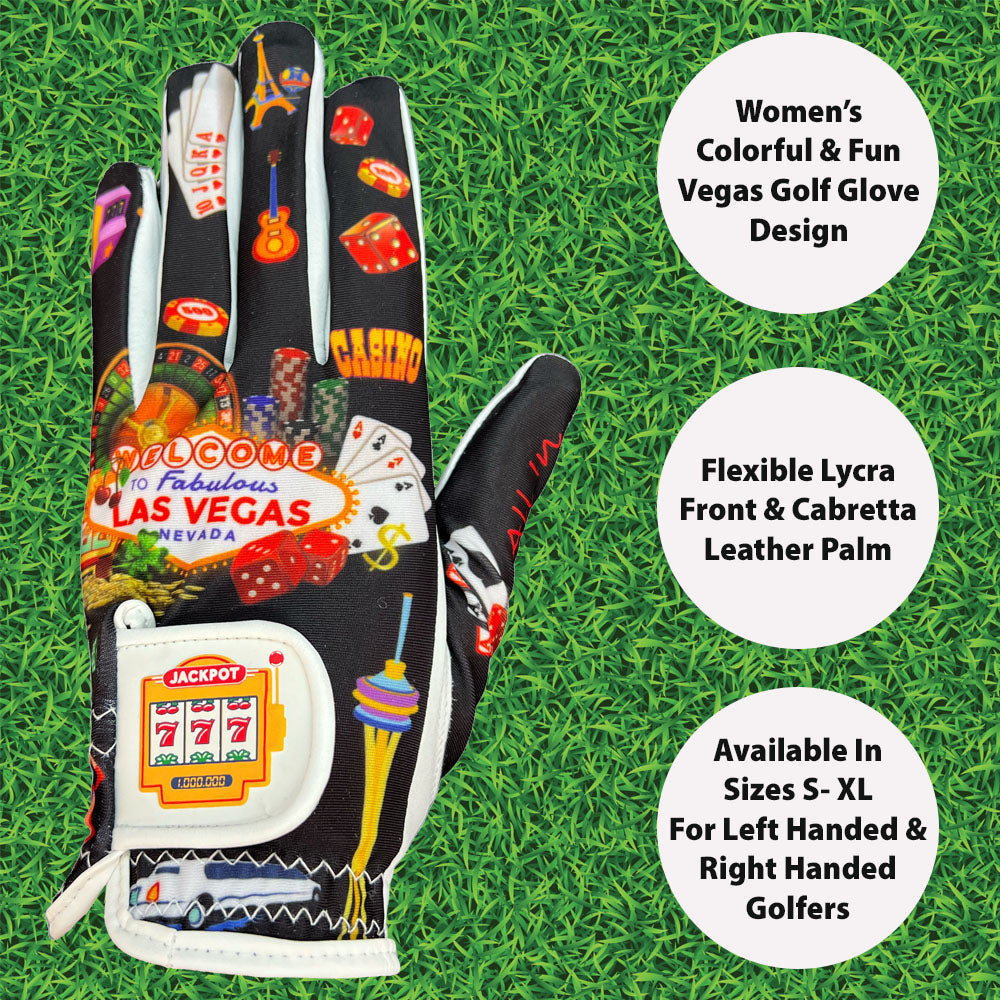 Colorful golf glove with Las Vegas-themed design on a grass background