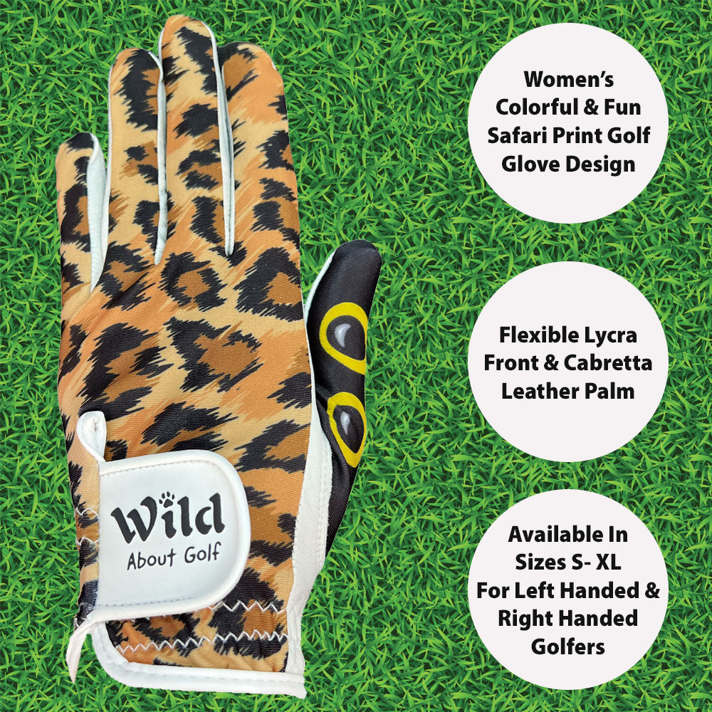 Leopard print golf glove on grass with product details.