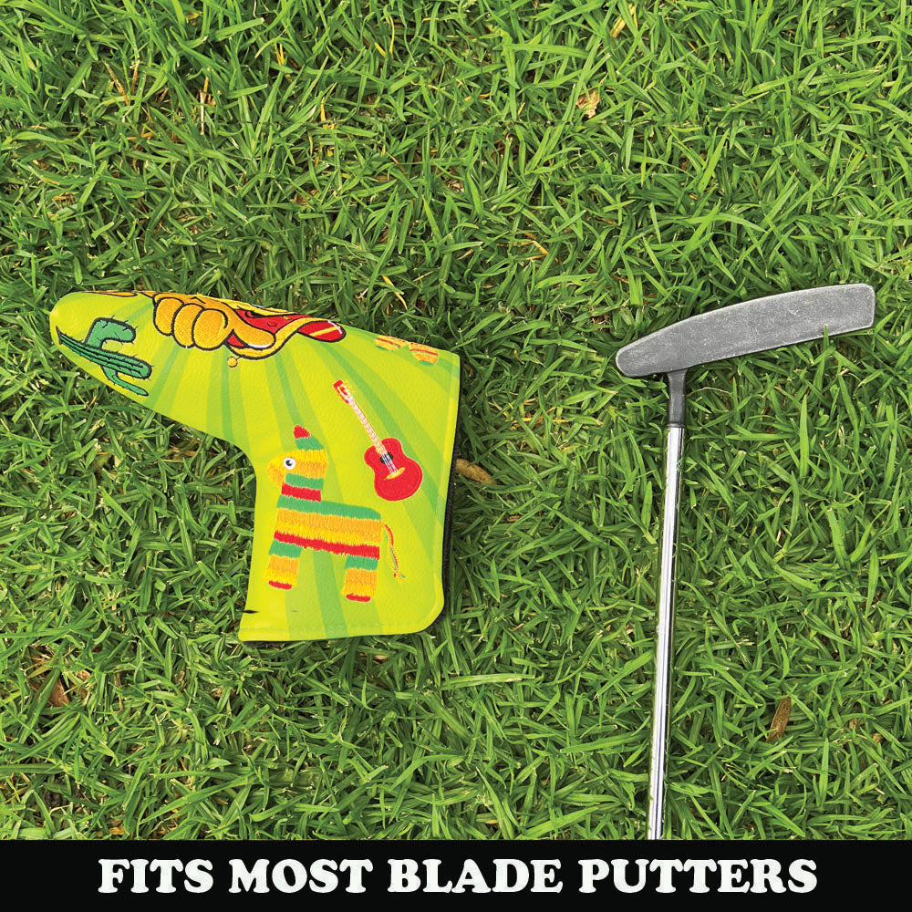 Golf putter with colorful cover on grass, text 'FITS MOST BLADE PUTTERS' at the bottom.