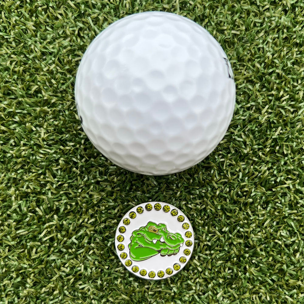 Crystal‑studded alligator golf ball marker in green
