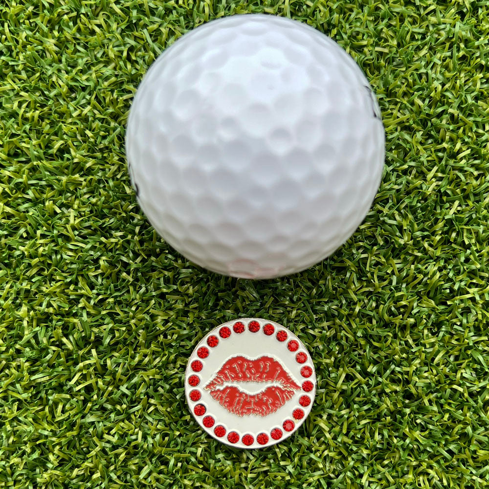 Sparkly red lips golf ball marker covered in crystals