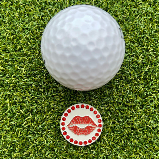 Sparkly red lips golf ball marker covered in crystals
