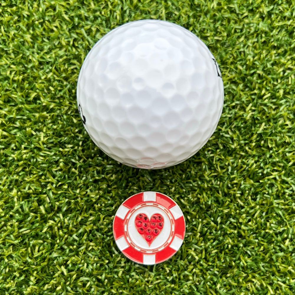 Glittery red heart-shaped golf ball marker