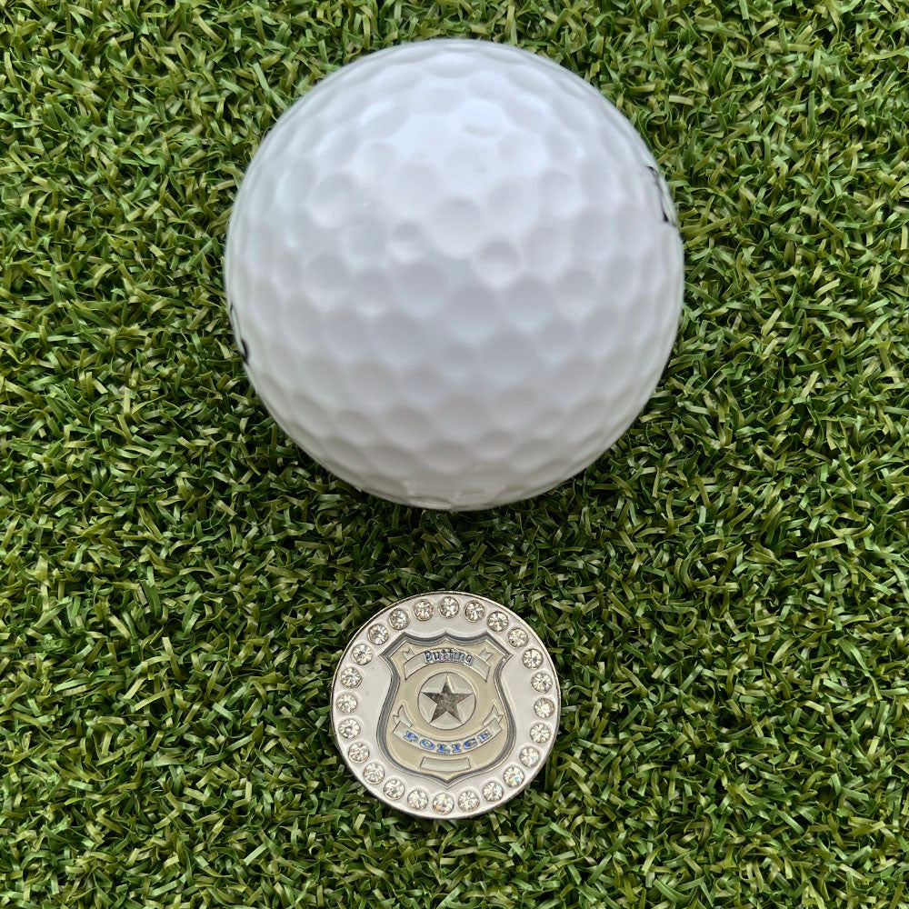 Glittery “Putting Police” golf ball marker with badge design