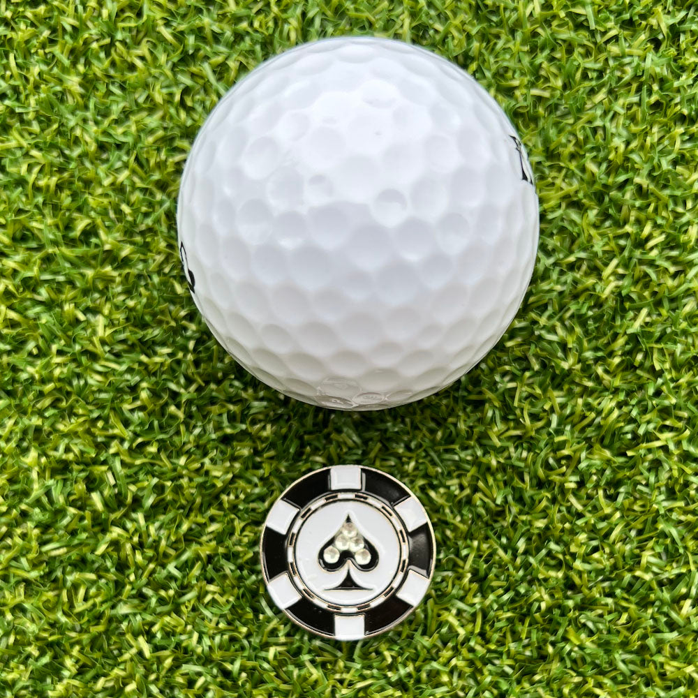 Glittery spade playing‑card style golf ball marker with poker‑chip look