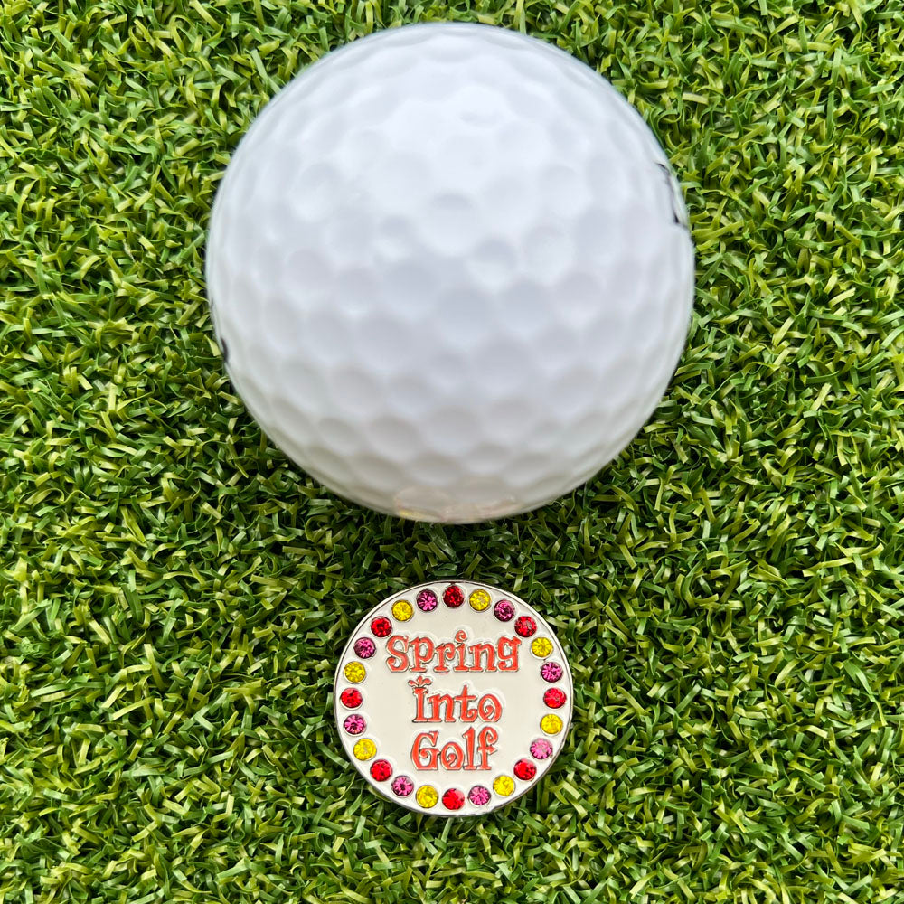 Sparkly flower “Spring Into Golf” ball marker with rhinestones