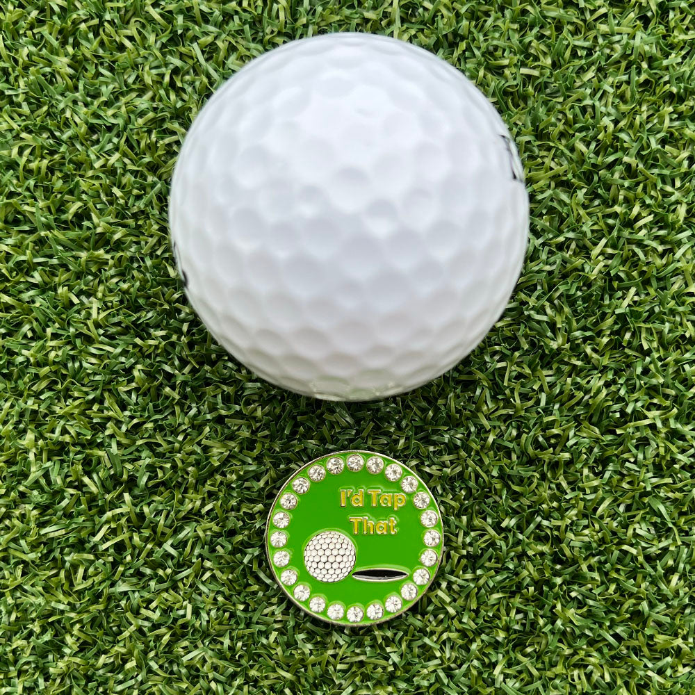 Glittery “Tap That” golf ball marker with rhinestones
