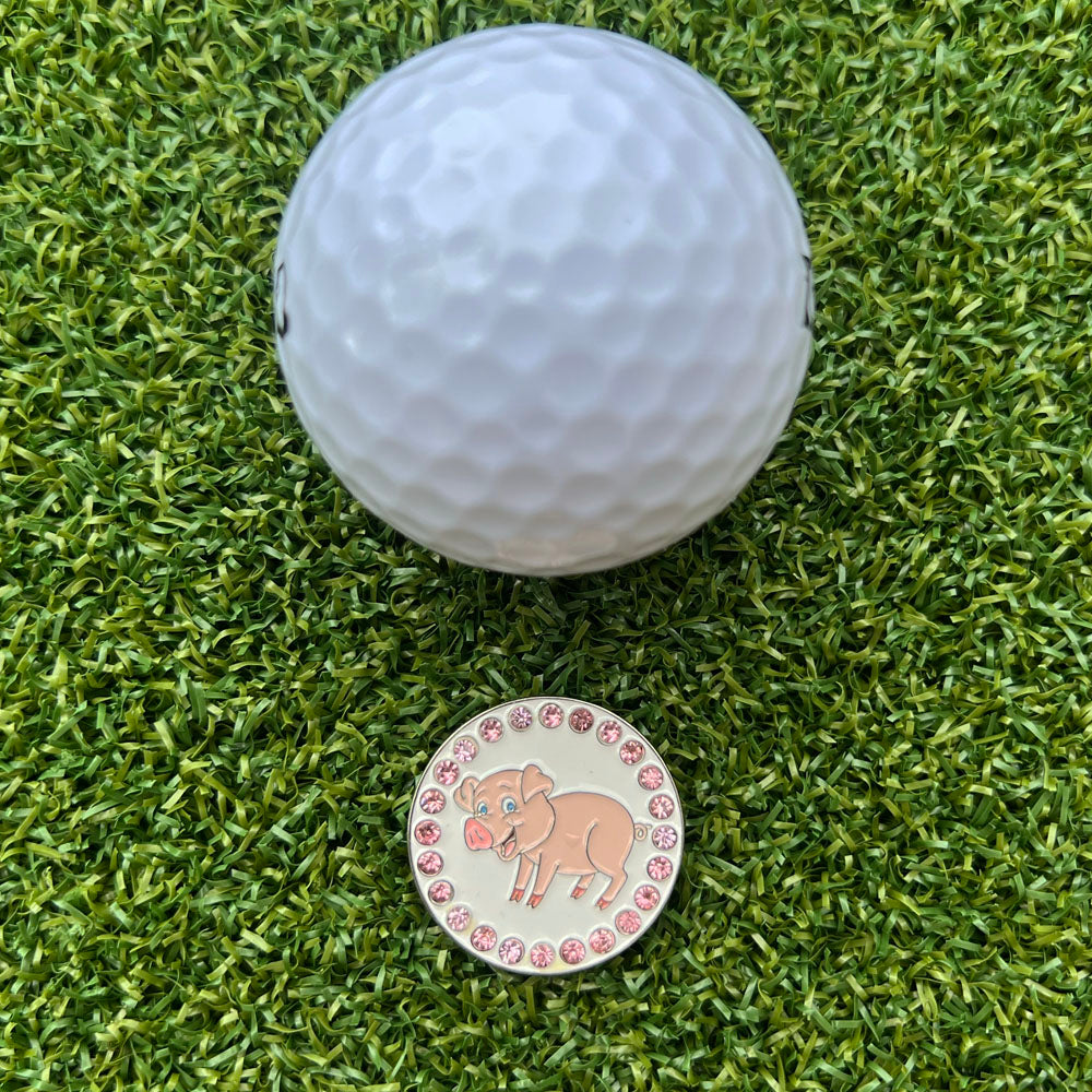 Sparkly pink pig golf ball marker with rhinestones