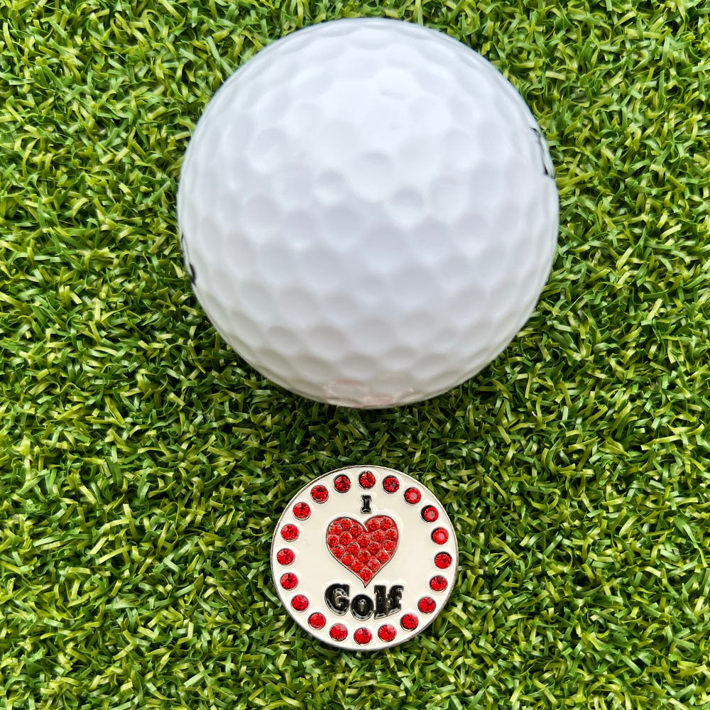 Sparkly red heart “I Love Golf” golf ball marker