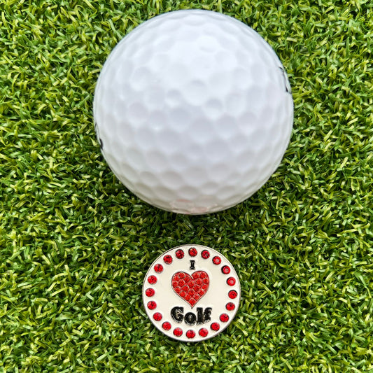 Sparkly red heart “I Love Golf” golf ball marker