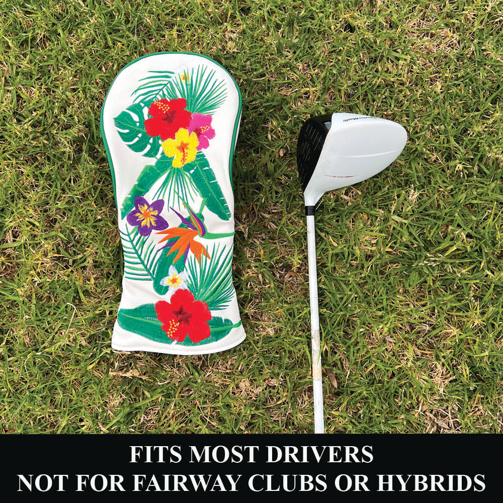 Golf club driver head cover with tropical floral design on grass, text indicating compatibility.
