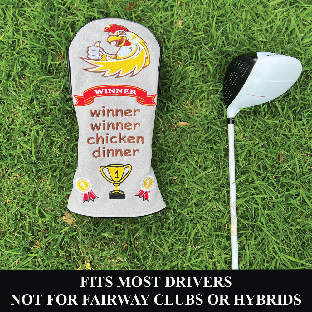 Grey golf club driver head cover with chicken design and text on grass