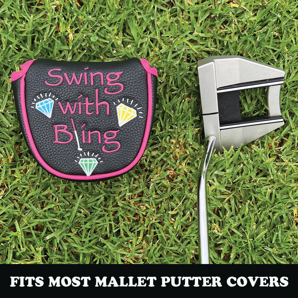 Golf mallet putter cover with 'Swing with Bling' text on grass