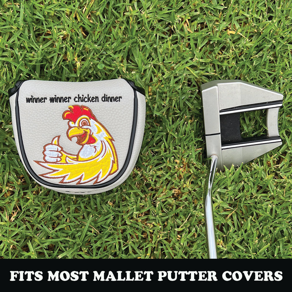 Golf mallet putter with a cover featuring a rooster graphic on grass