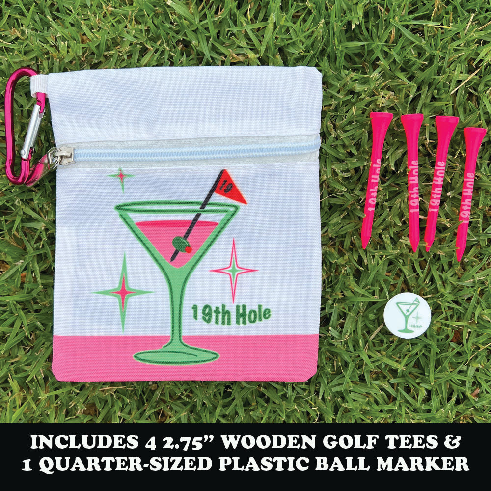 Golf bag with '19th Hole' design on grass with pink golf tees and ball marker.