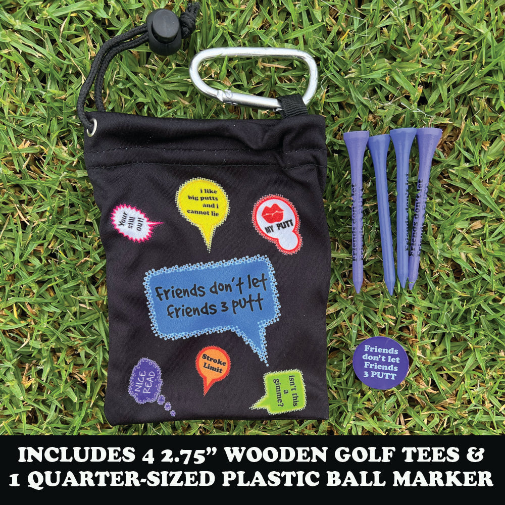 black tee bag with funny golf sayings design, purple tees, and plastic ball marker on grass
