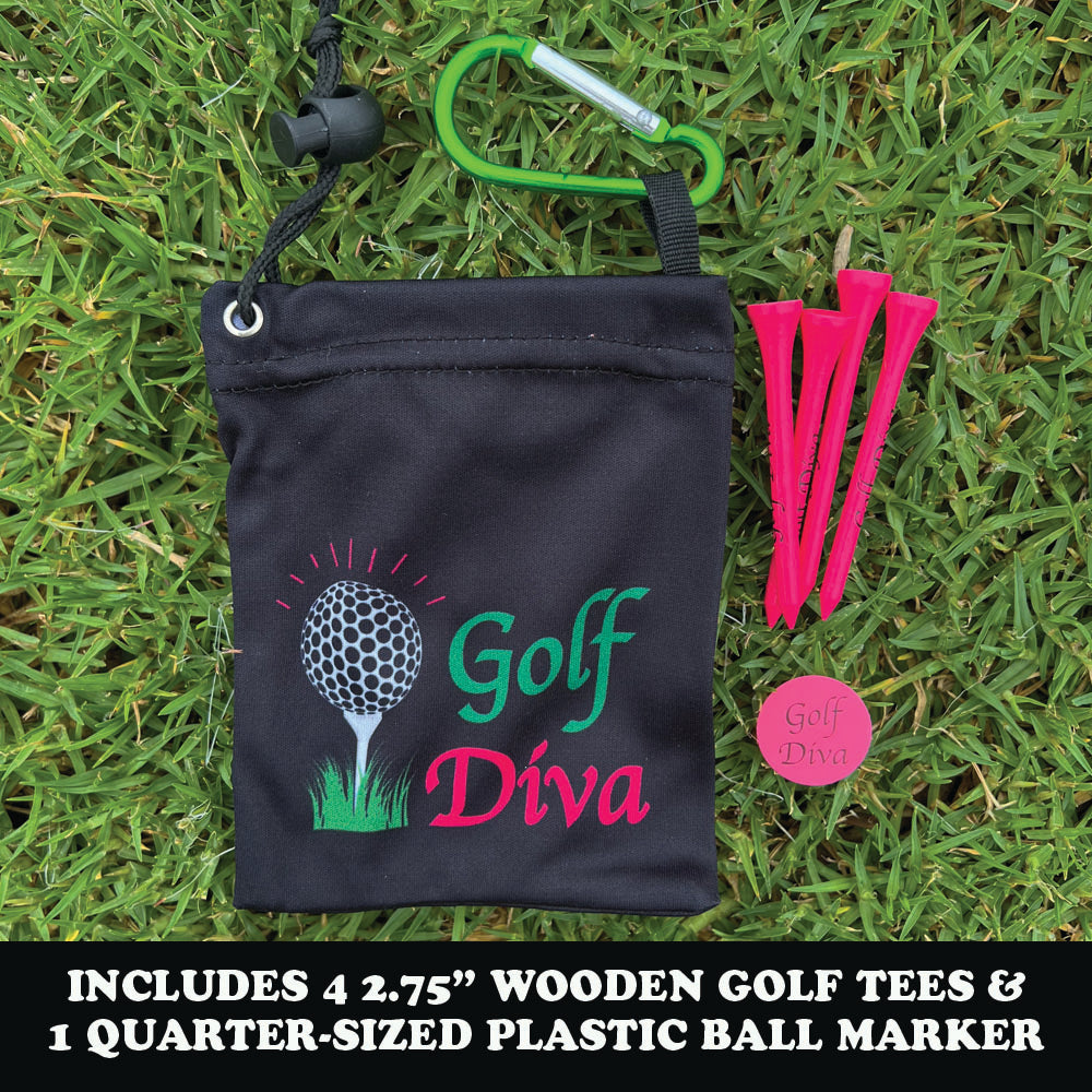 Golf Diva bag with golf tees and plastic ball marker on grass