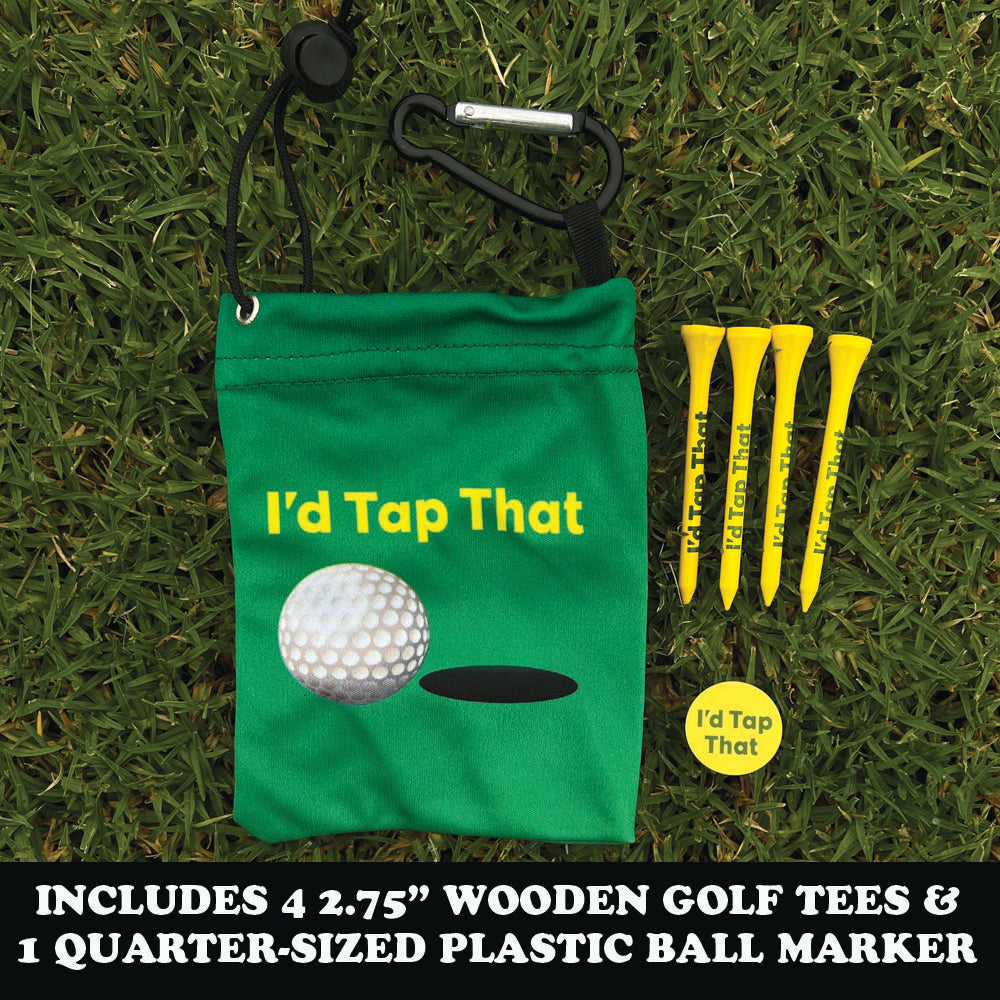 green golf tee bag with yellow golf tees and plastic ball marker on grass
