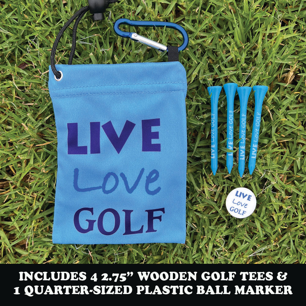 Blue golf bag with 'Live Love Golf' text, wooden tees, and ball marker on grass
