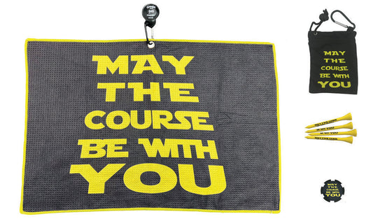 May The Course Be With You magnetic waffle golf towel, tee bag, and poker chip. Fun Star Wars-themed golf gift set. Shop now!
