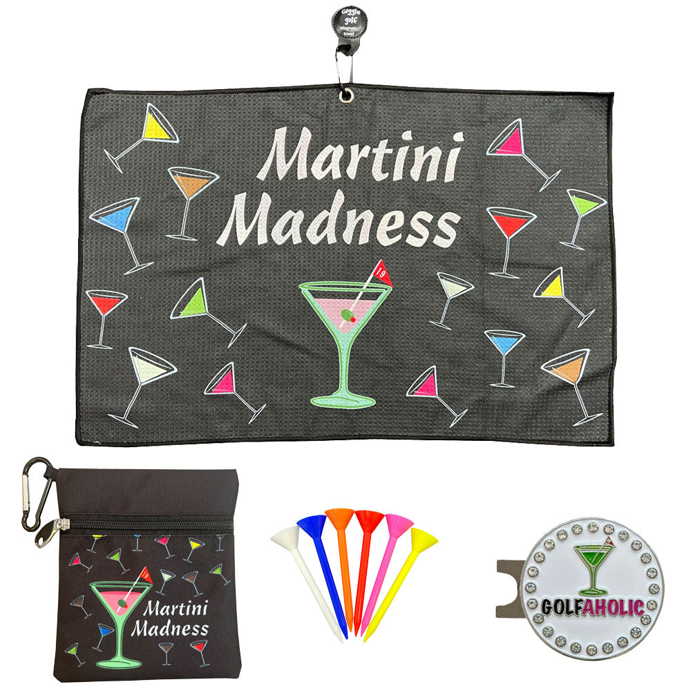 Giggle Golf Martini Madness Golf Par 3 Pack: Magnetic Towel, Lightweight Tee Bag, Plastic Golf Tees, And Bling Hat Clip Ball Marker