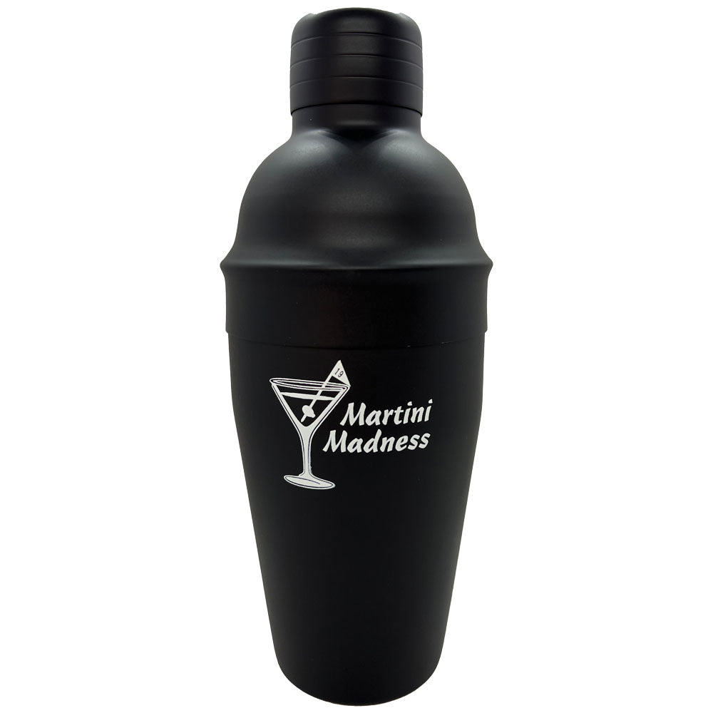 Black cocktail shaker with 'Martini Madness' logo on a white background