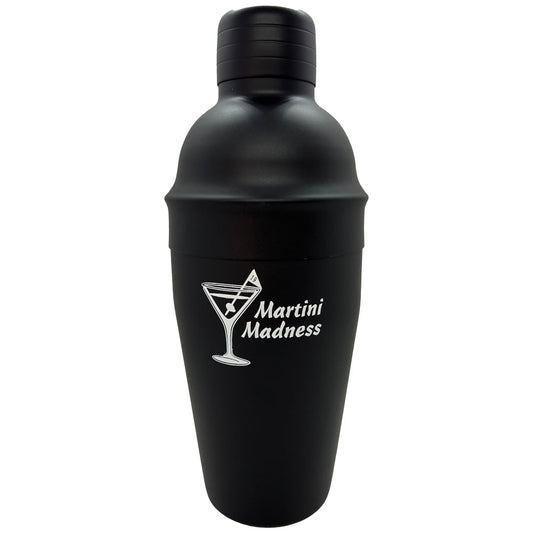 Black cocktail shaker with 'Martini Madness' logo on a white background