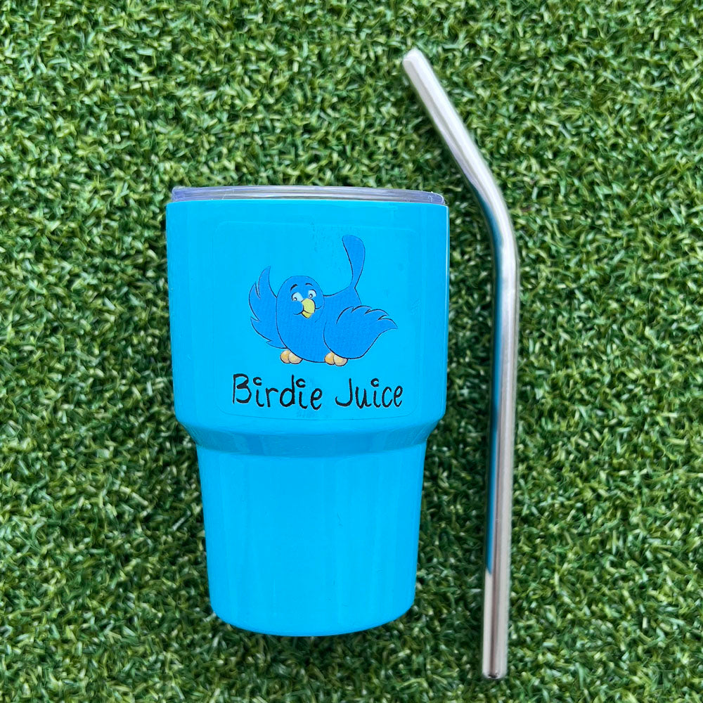 Blue golf mini tumbler with blue bird design and 'Birdie Juice' text on grass - bright set