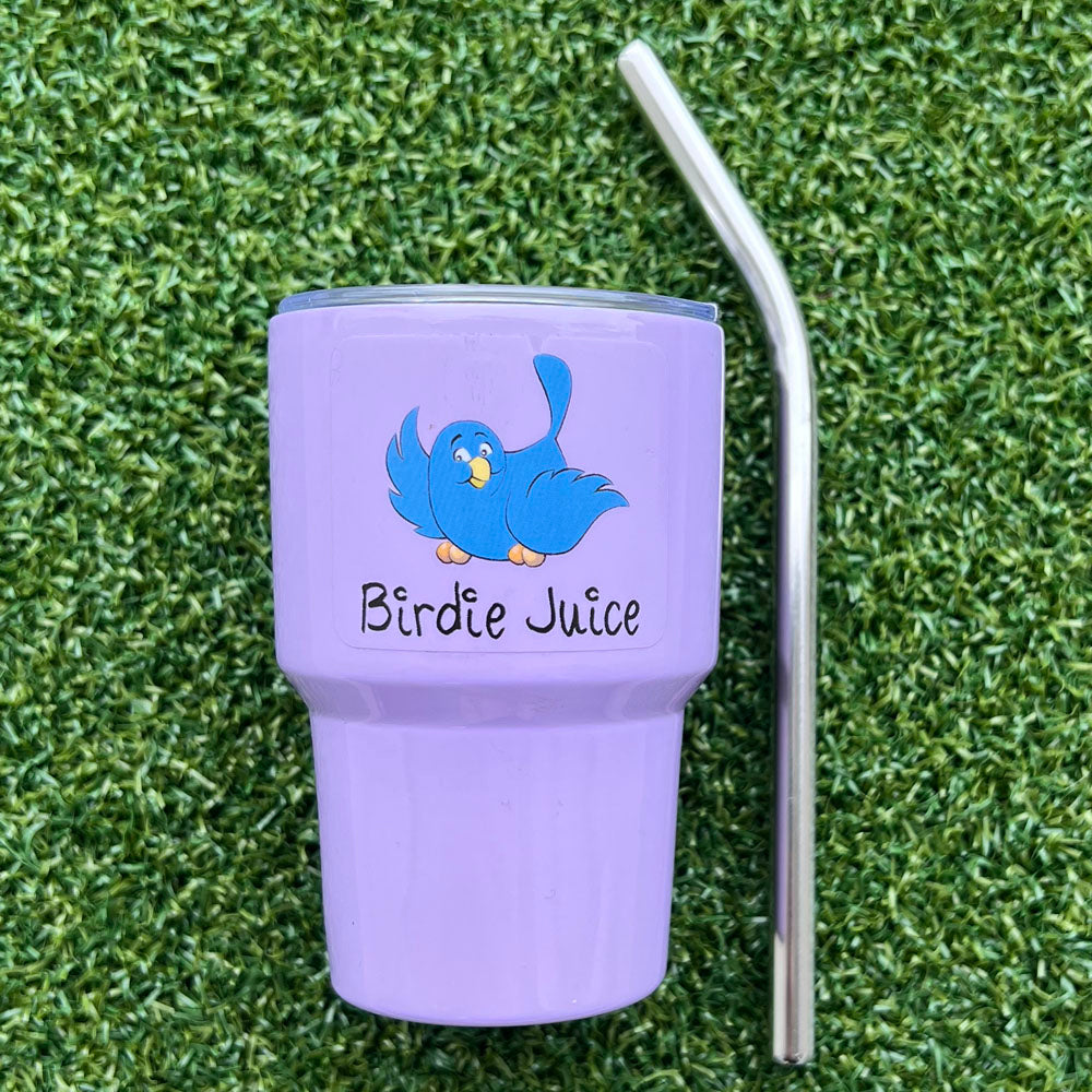 Purple golf mini tumbler with blue bird design and 'Birdie Juice' text on grass - bright set