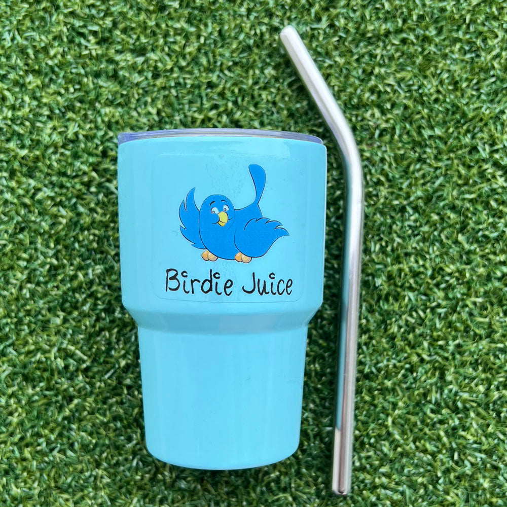 Blue golf mini tumbler with blue bird design and 'Birdie Juice' text on grass - pastel set