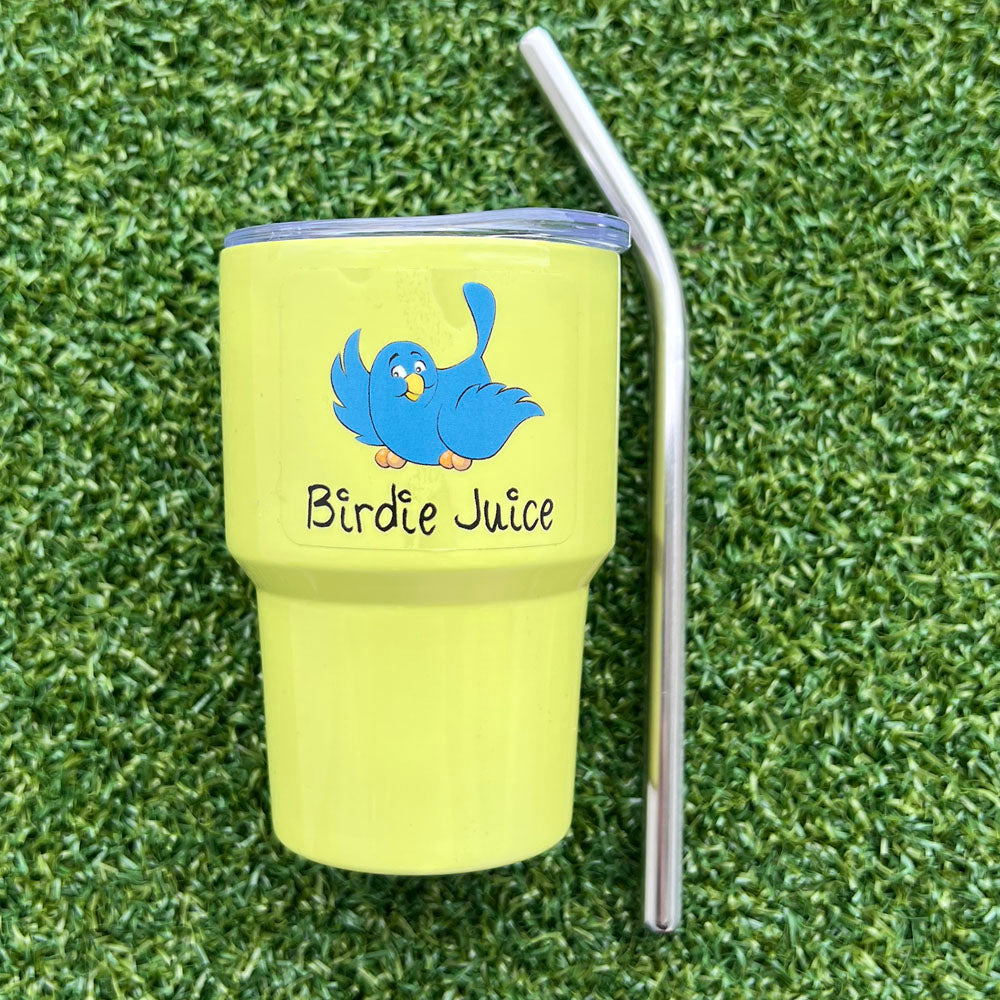 Green golf mini tumbler with blue bird design and 'Birdie Juice' text on grass - pastel set