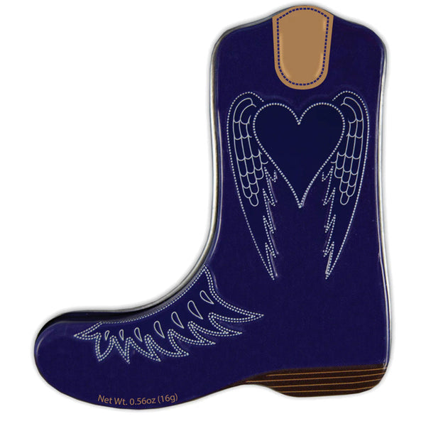 Blue cowboy boot shaped mint tin