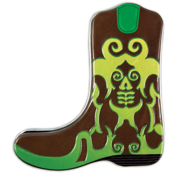 green and brown cowboy boot shaped mint tin