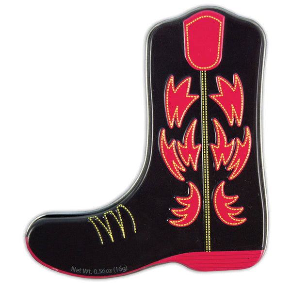 red and black cowboy boot shaped mint tin