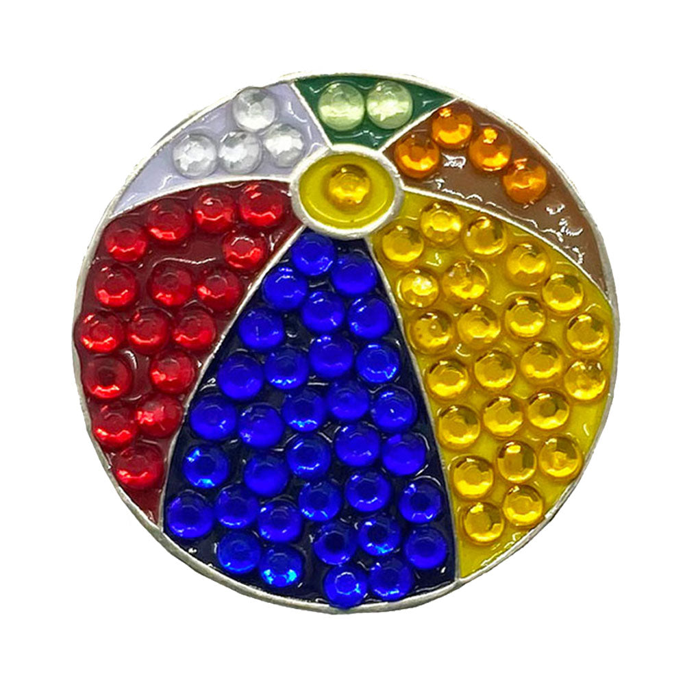 Colorful beach ball golf ball marker design on a white background
