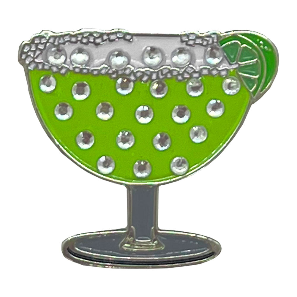 Bling golf ball marker, green margarita glass with rhinestone rim and lime garnish on a white background