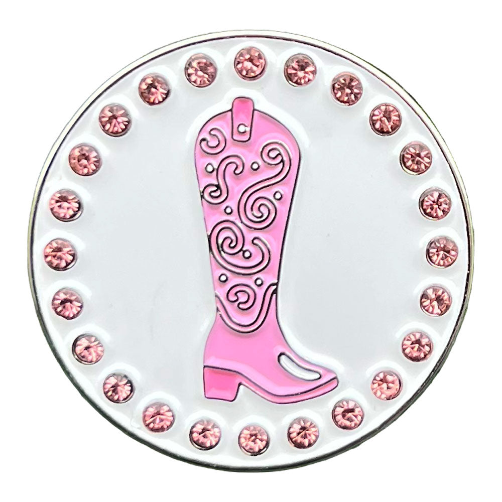 Women's golf ball marker with a pink western boot design and pink gemstones on a white background