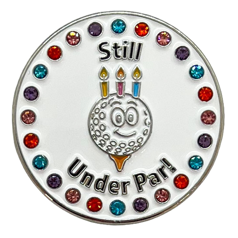 Women's golf ball marker with text 'Still Under Par!' on a white background