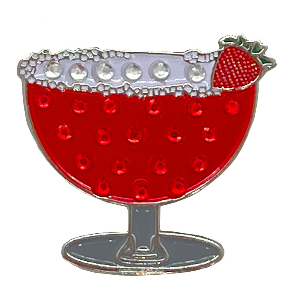 Bling golf ball marker, red margarita with a strawberry on the rim and rhinestones, on a white background