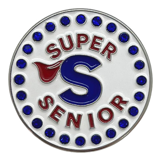 Round golf ball marker with 'Super Senior' text and blue bling on a white background
