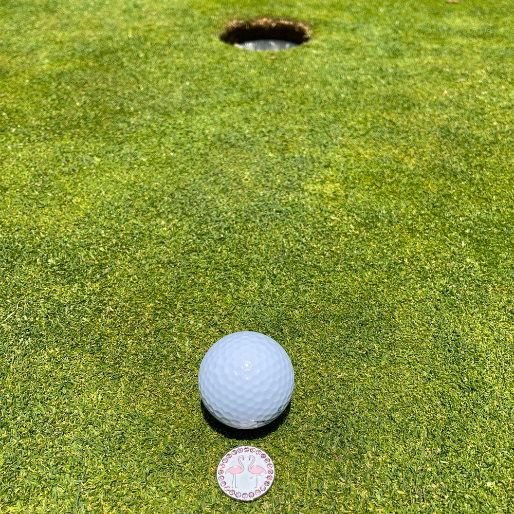 Giggle Golf Bling Pink Flamingos On A Putting Green, Behind A White Golf Ball