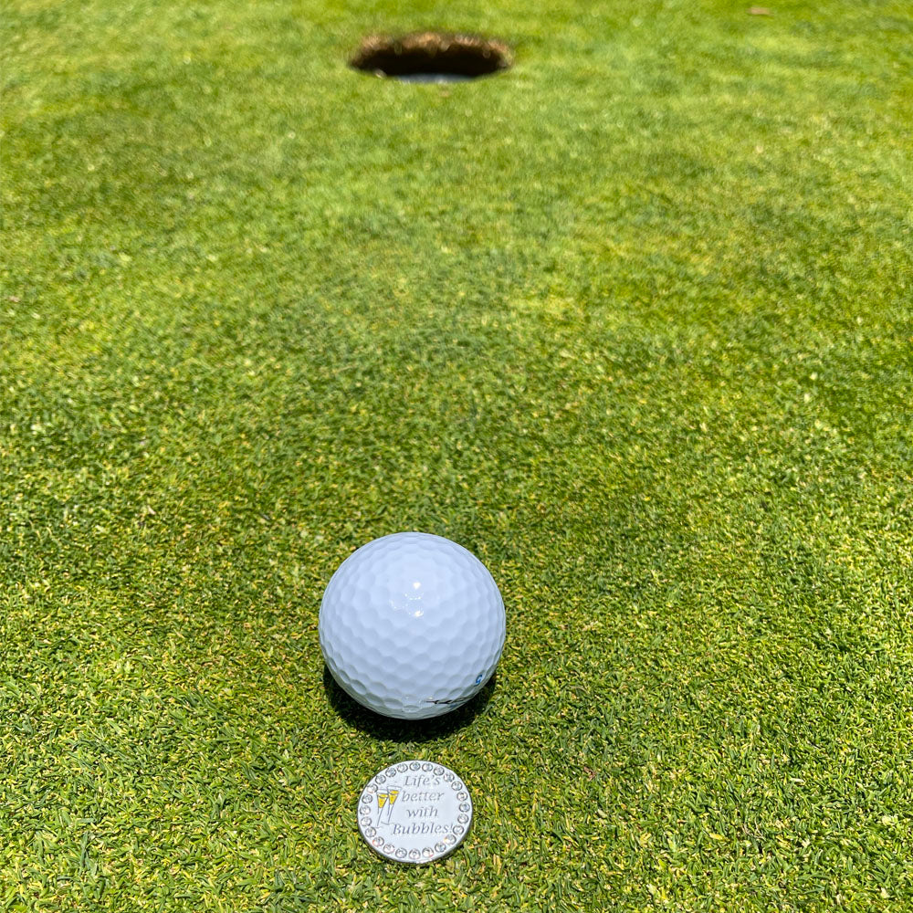 Giggle Golf Bling Life’s Better With Bubbles (Champagne) On A Putting Green, Behind A White Golf Ball